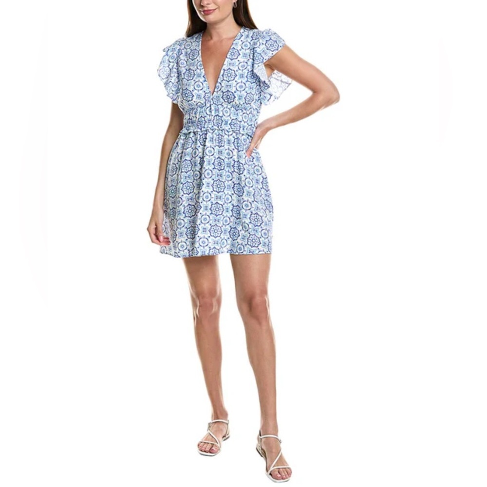 Sail to Sable Blue/White floral linen blend Mini Dress flutter sleeve size xs